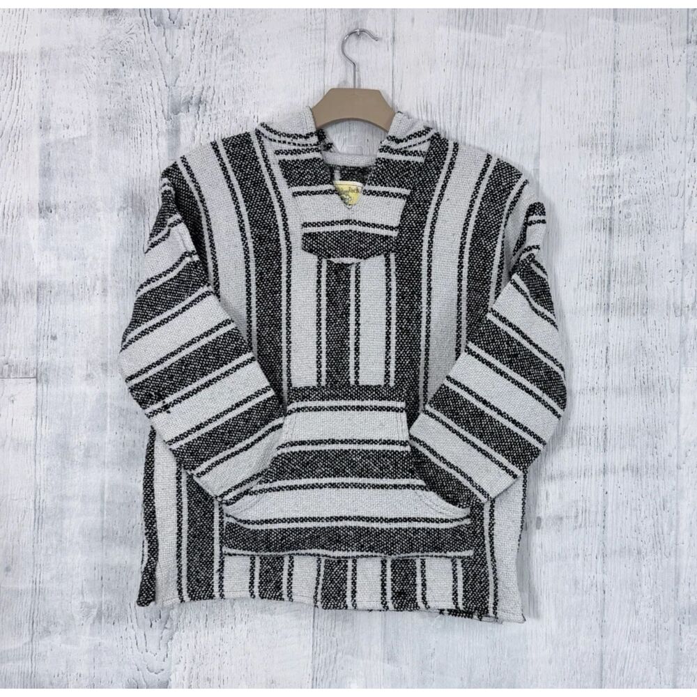 Iguana Jack Baja Hoodie Pullover Large Mexican Blanket Gray/White Surfer Hippie